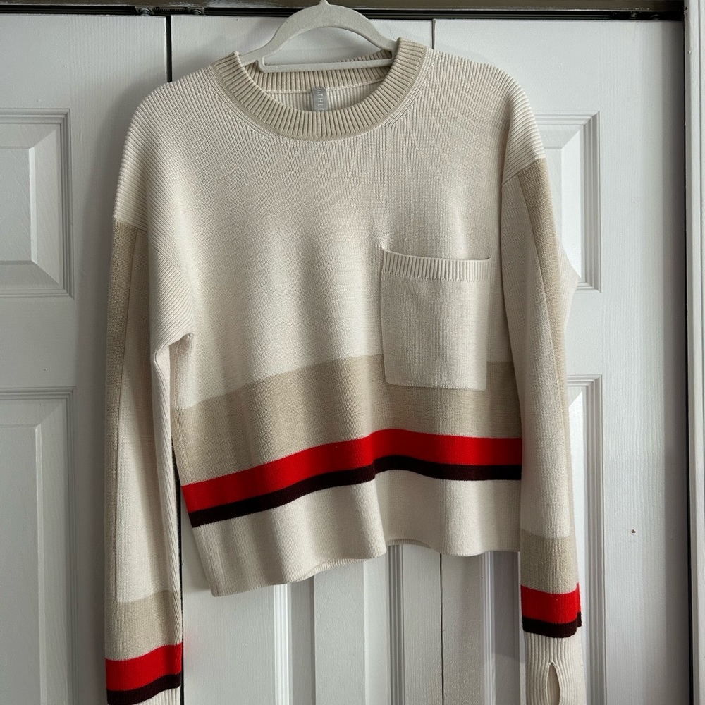 Athleta Striped Cream Sweater with Red Accents